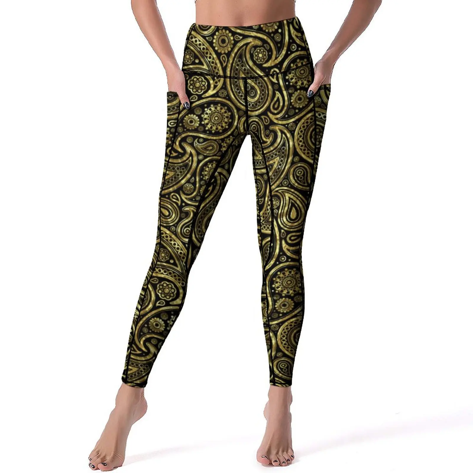 

Gold Paisley Print Leggings With Pockets Vintage Floral Graphic Yoga Pants Work Out Yoga Legging Women Retro Stretch Sport Pants