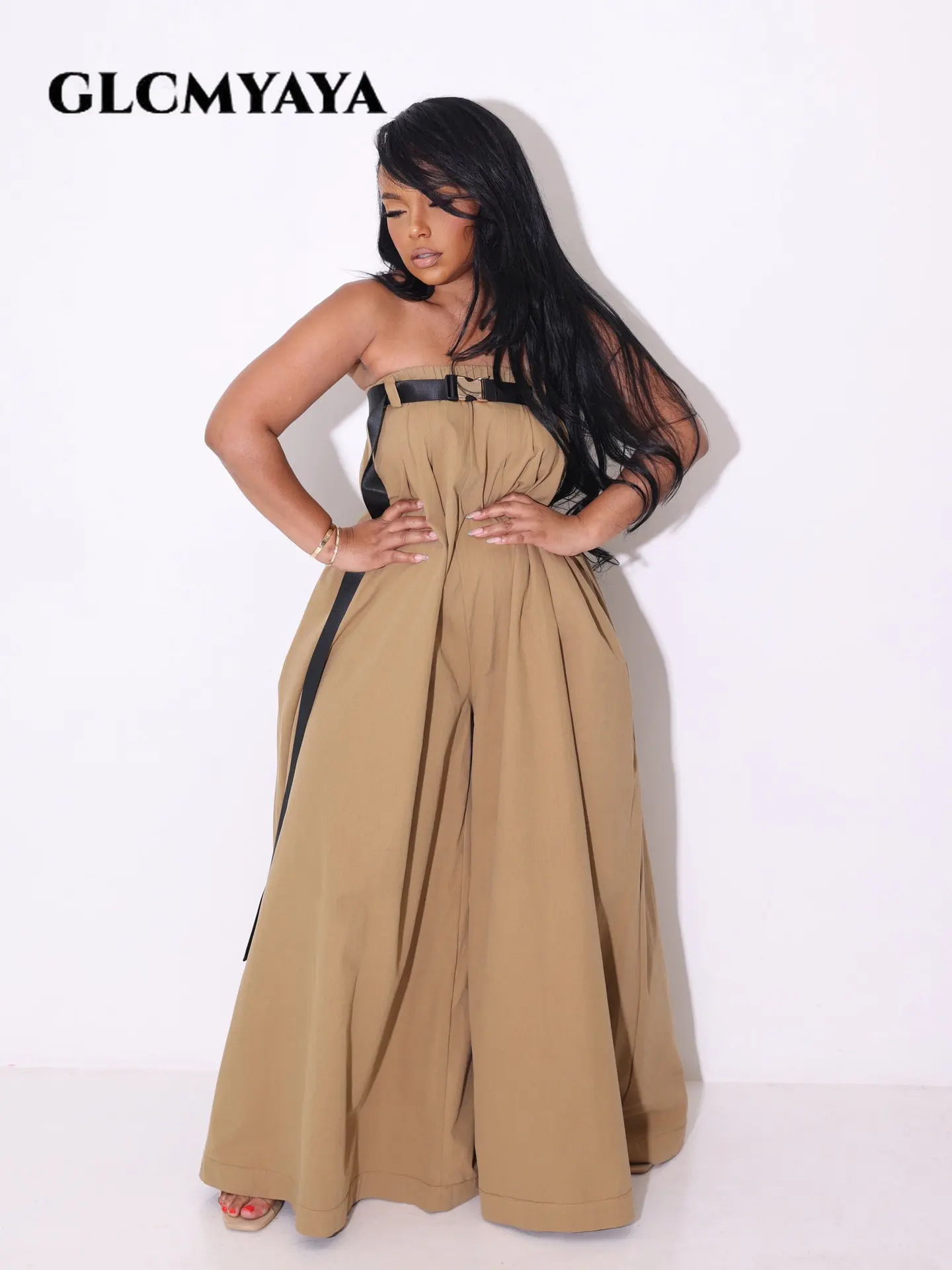 

Женский комбинезон GLCMYAYA без бретелек с поясом, прямая Свободная юбка с широкими штанинами, модель 2023 года, Женский уличный комбинезон, цельнокроеный костюм