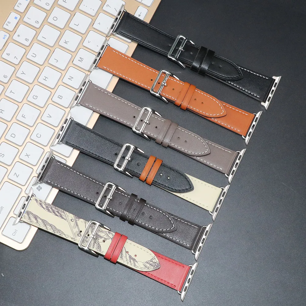 Genuine Leather With Logo Band For Apple Watch Series 8 7 Bracelet Leather Loop Strap For iWatch Ultra 49mm 40mm 44mm 41mm 45mm