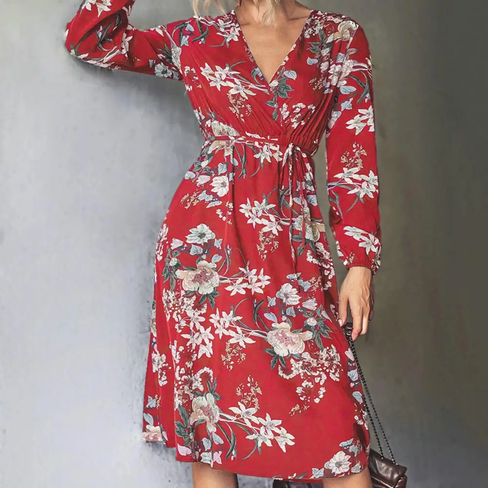 

Midi Dress Lace-up Versatile Shrinkable Cuffs Lady Flower Printing Holiday Casual Dress Autumn Dress Female Clothing