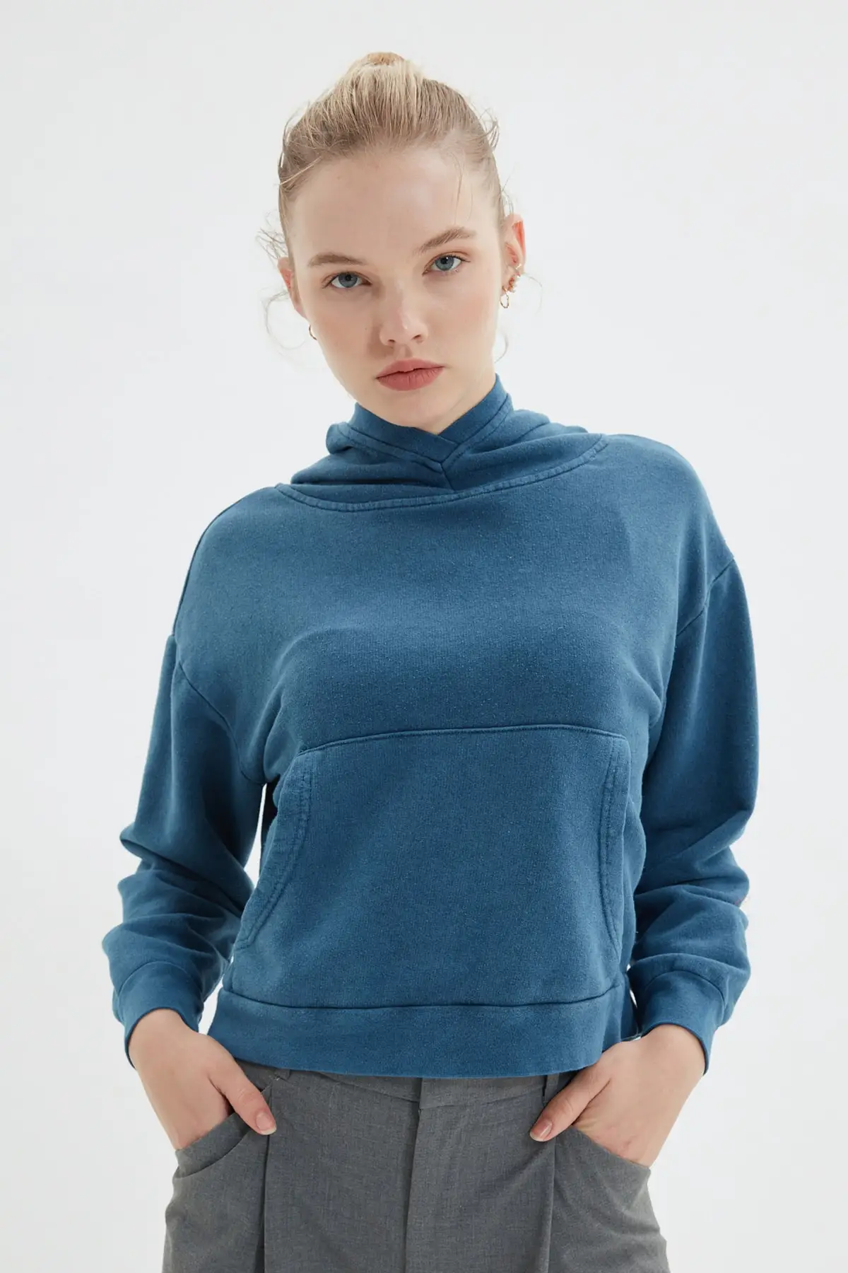 

Women's Sweatshirt Indigo Washed Pocket Detailed Basic Slim Hoodies Fashion All Season New Pullovers Fleece