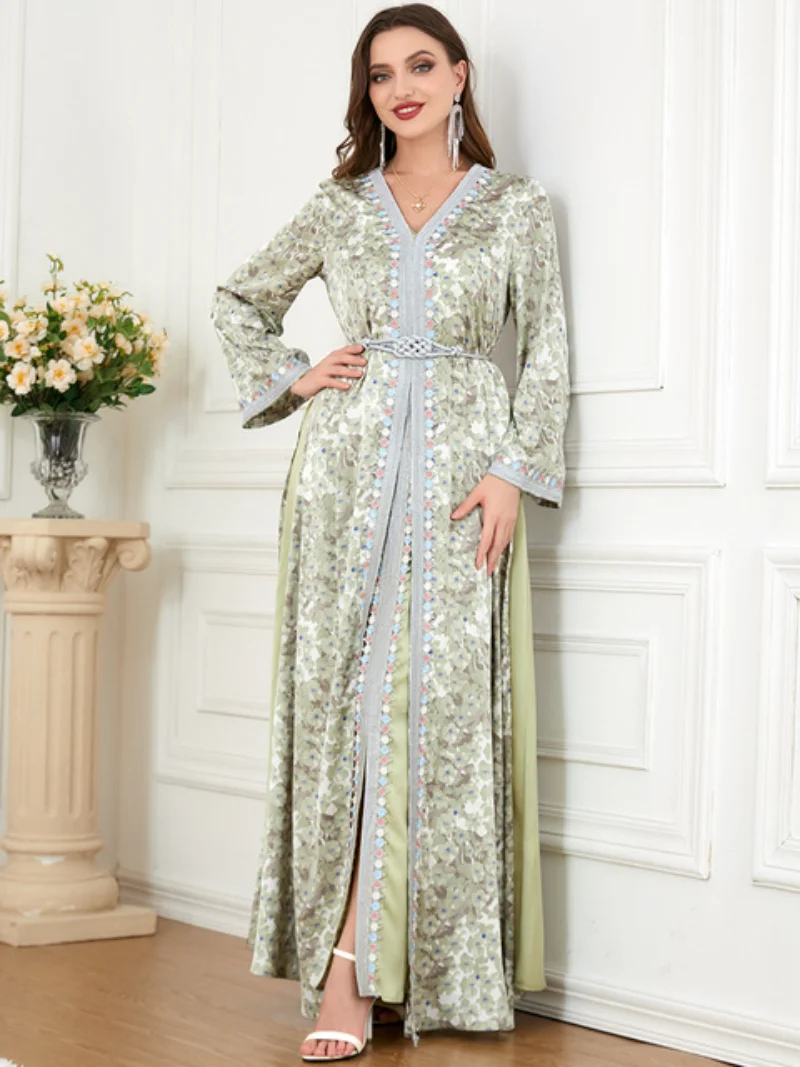 

Abayas For Women Muslim Sets Floral Embroidery Guipure Lace Panel Belted Kaftan Split Hem Two Pieces Dress Dubai Turkey Arabic