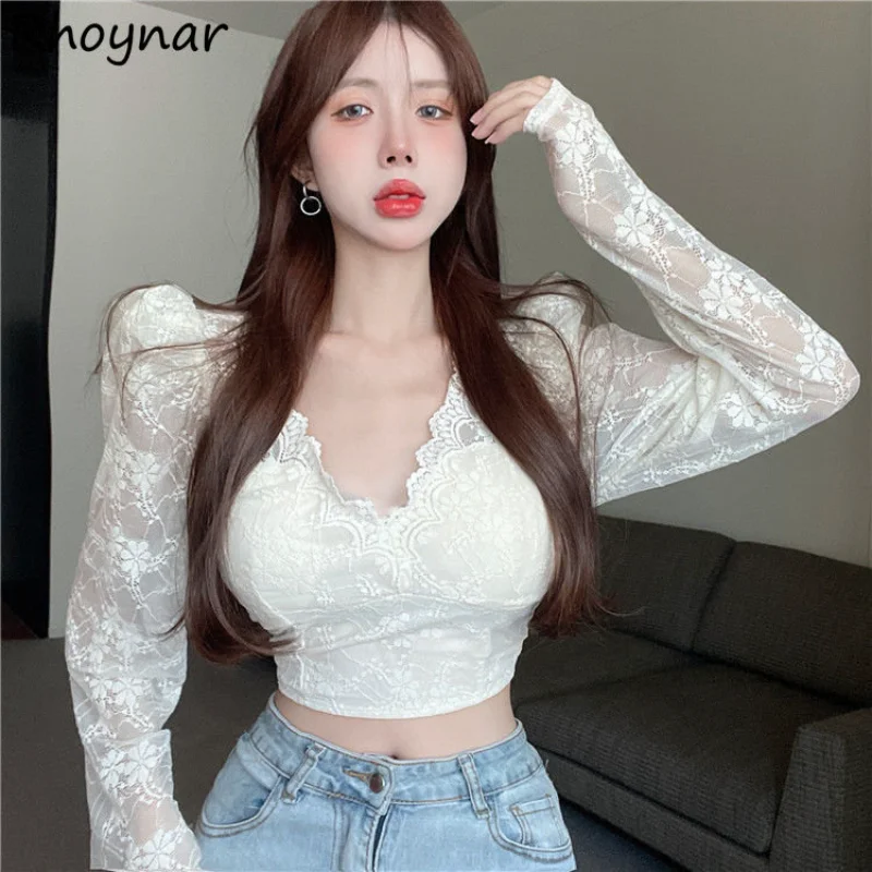 

Blouses Women Sexy V-neck Stylish Blusas All-match Cropped Slim Chic New Light Soft Sweet Ladies Korean Sheer Spring Club Tops