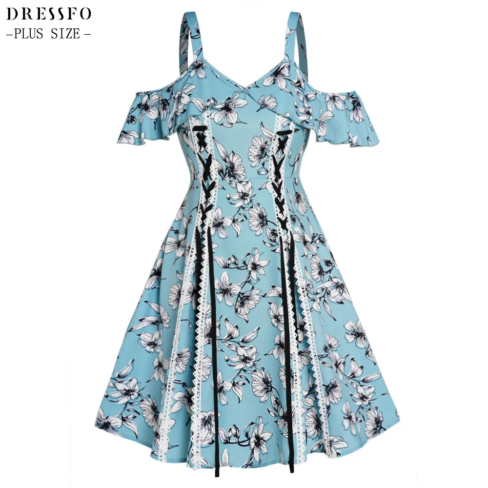 

Deressfo Plus Size Curve Vacation Dress For Women 2023 New Flower Print Cold Shoulder Lace Up Flounce High Waist Robe Oversized