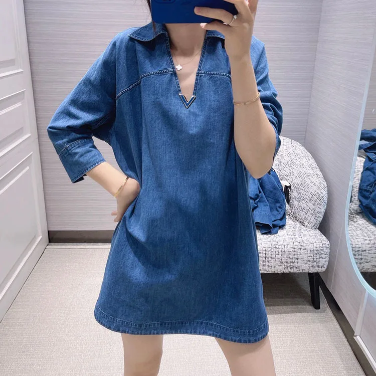 

Tooling V-neck Denim Dress Casual Half Sleeves Loose Irregular Short Dresses Women's 2022 Spring Summer High-end Cotton Dress
