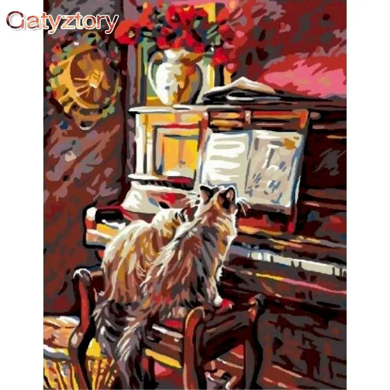 

GATYZTORY Oil Painting By Numbers On Canvas Decorative Paintings Cat Play Piano Artwork For Adults Diy Gift Hand Painting