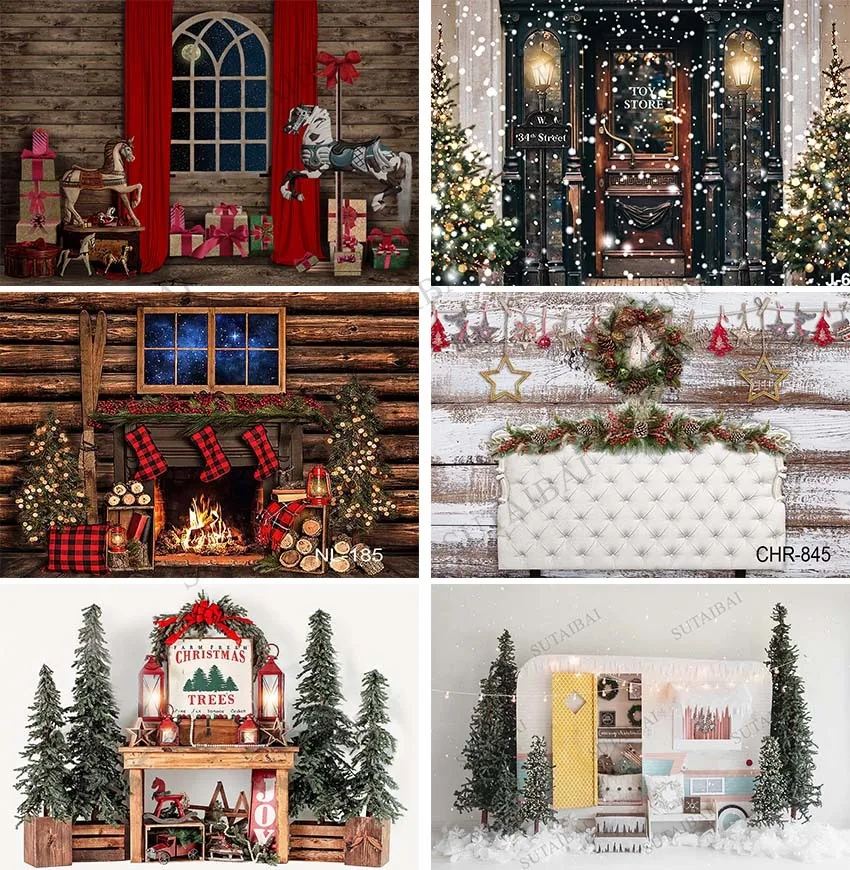 

Christmas Backdrops Photography Background Christmas Tree Fence Street Lamp Window Child Portrait Decoration Props Photo Studio