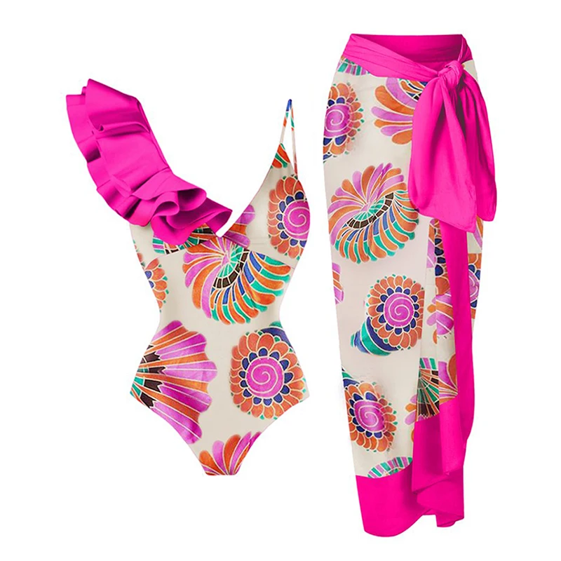 

Vintage Colorblock Print Ruffle One Piece Swimsuit Women Asymmetrical Holiday Beach Backless Swimwear Sexy V-Neck Push Up Bikini