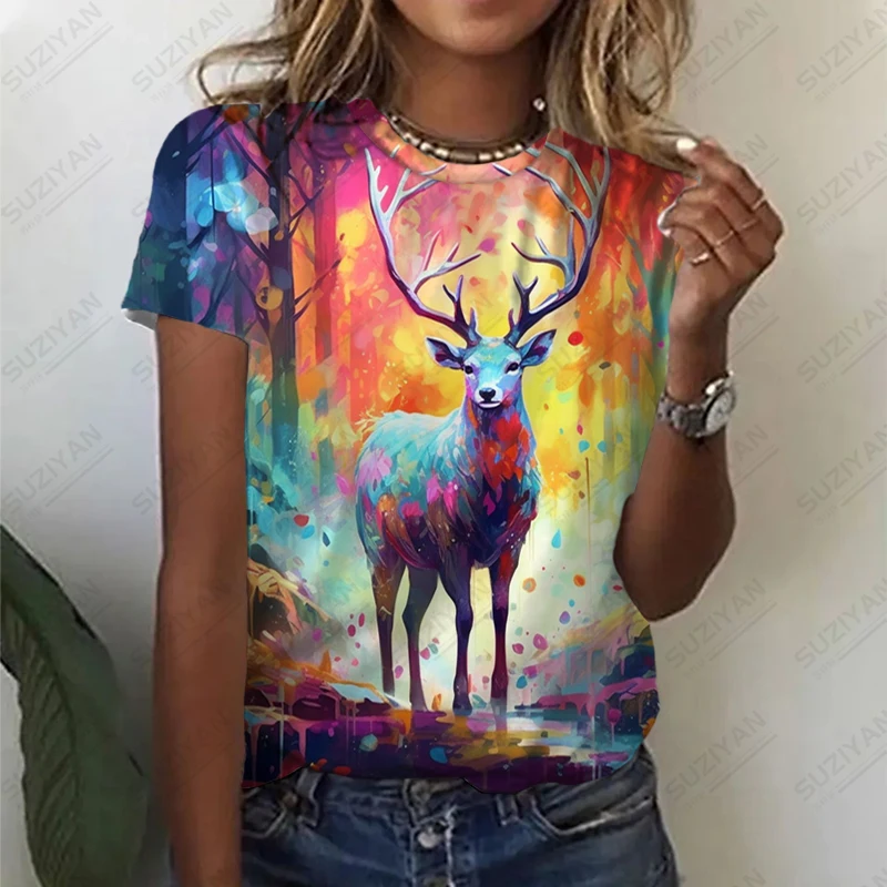 

Летняя женская новая футболка с коротким рукавом, цветная футболка с принтом лося, свободная повседневная футболка, модная базовая футболка с круглым вырезом