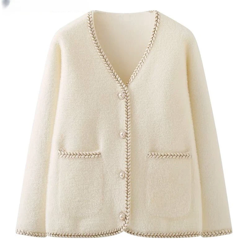 

Elegant O-neck Single-breasted Pearl Buttons Pocket Knitted Sweater Korean Fashion Loose Hit Color Imitation Mink Velvet Sweater