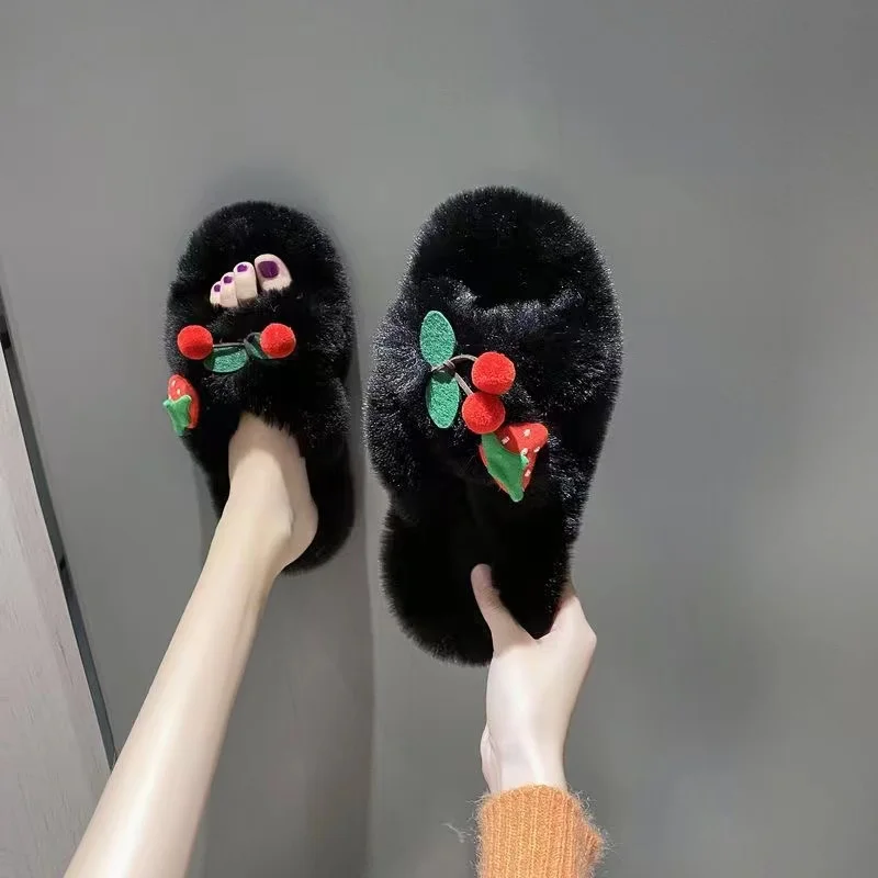 Fashionable Cherry Strawberry Furry Women's Slippers New Style Open-toed Ladies Slippers for Fall/winterComfortable and warm