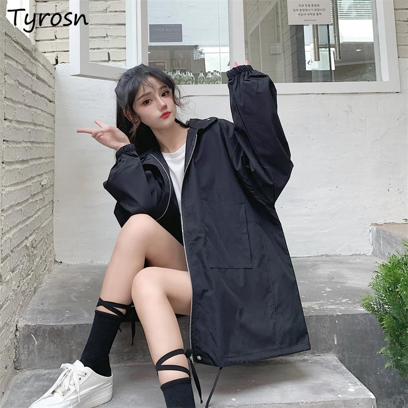 

Spring Zipper Trench Women Single Layer Windproof Rib Sleeve Outwear Casual Loose Turn-down Collar Coat Sweet Preppy Style Tops