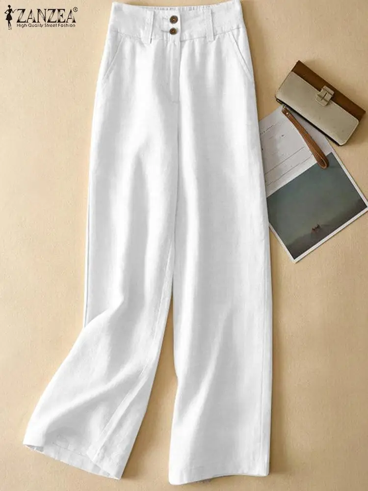 

ZANZEA Summer Solid Long Wide Leg Pants Casual Loose Cotton Palazzo Fashion Trousers Women Vintage Elastic Waist Work Pantalon