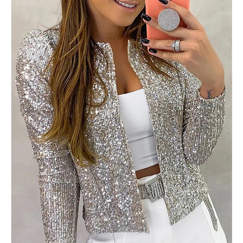 2023 Fashion Sequin Jackets Women Glitter Long Sleeve Short Coats Elegant Spring Outwear Office Ladies Solid  Streetwear