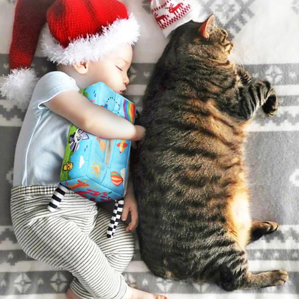 

Мягкая плюшевая коробка для детских салфеток, сенсорные игрушки, красочные шарфы, обучающая коробка для упражнений на палец, для детей 0-18 ме...