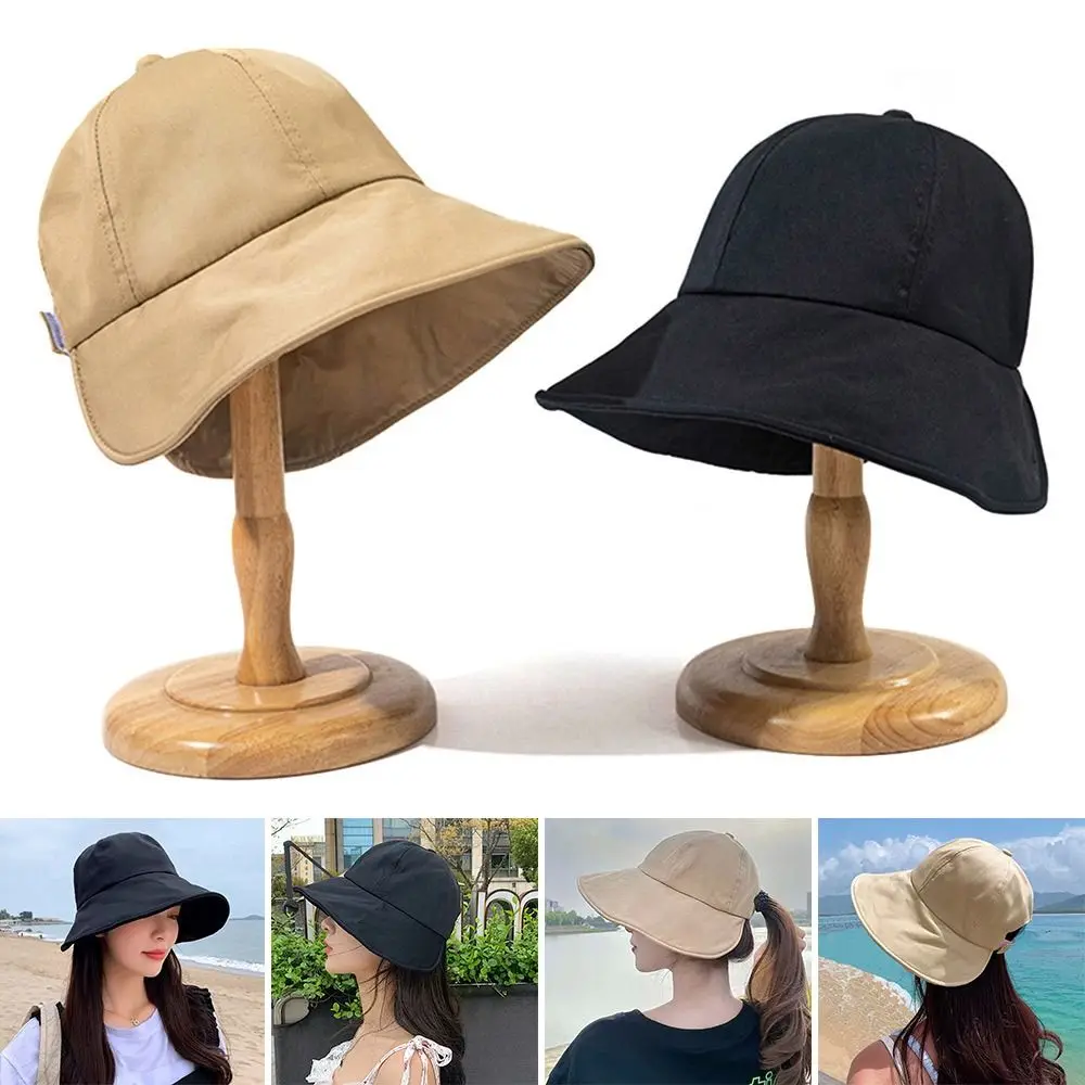 

Spring Summer Fisherman Hat Adjustable Foldable Cotton Sun Visor Hats Beach Cap Panama Cap Ponytail Bucket Hat