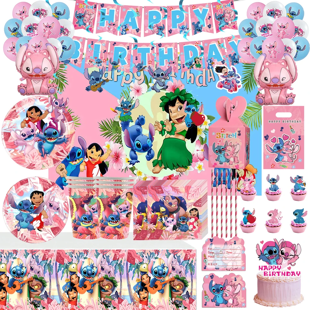 

Cartoon Stitch Party Pink Lilo Stitch Tableware Cups Plates Tablecloth Ballon Cute Birthday Party Supplies For Kids Party Favors