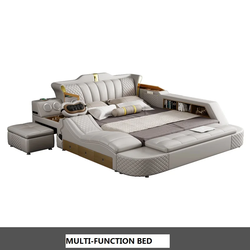 

Multi-functional light luxury intelligent massage tatami real leather bed simple modern master bedroom queen bed 2m double bed