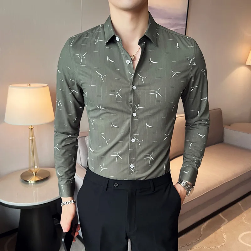 

2022 Four Seasons Men's New Personality Trend Korean Long-sleeved Fashion Slim Handsome Flower Shirt Casual Tops White Prints