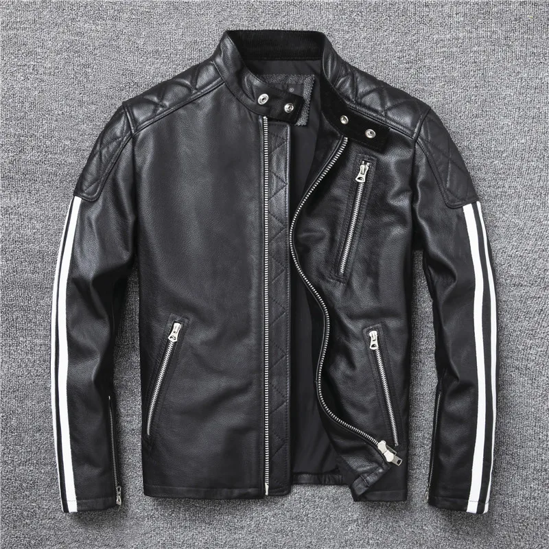 

2022 Black American Biker Style Genuine Leather Jacket Real Cowhide Autumn Slim Fit Motorcycle Street Fashion Men Zipper Coats