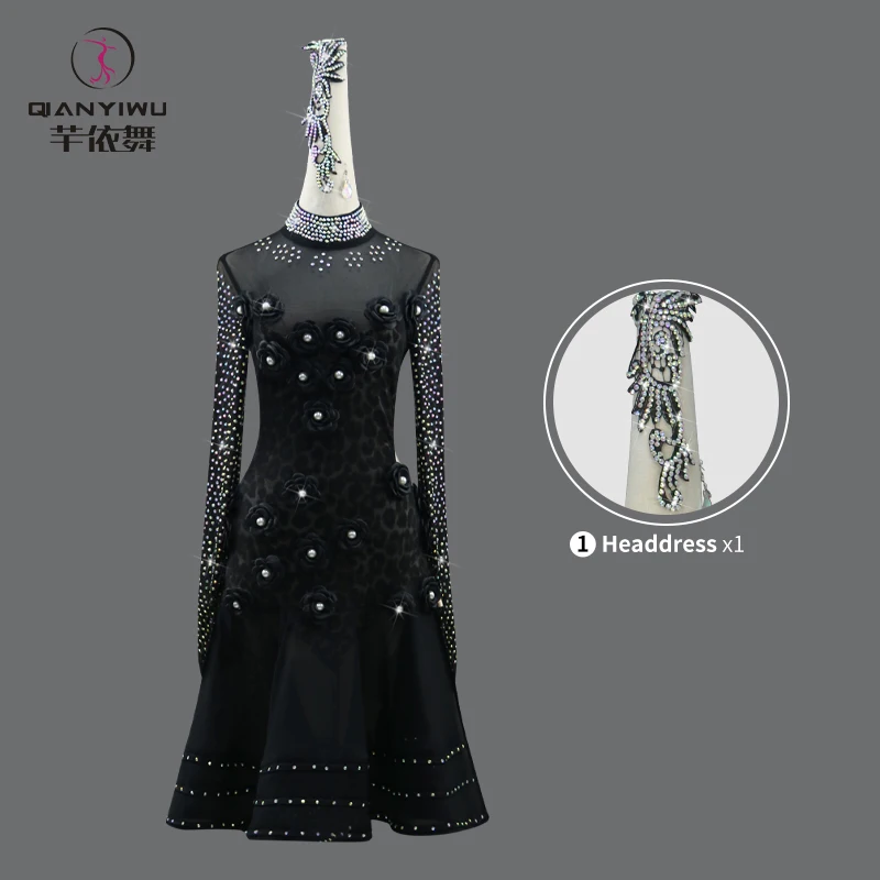 Черный сценический костюм платье для латиноамериканских танцев модель 2024 года