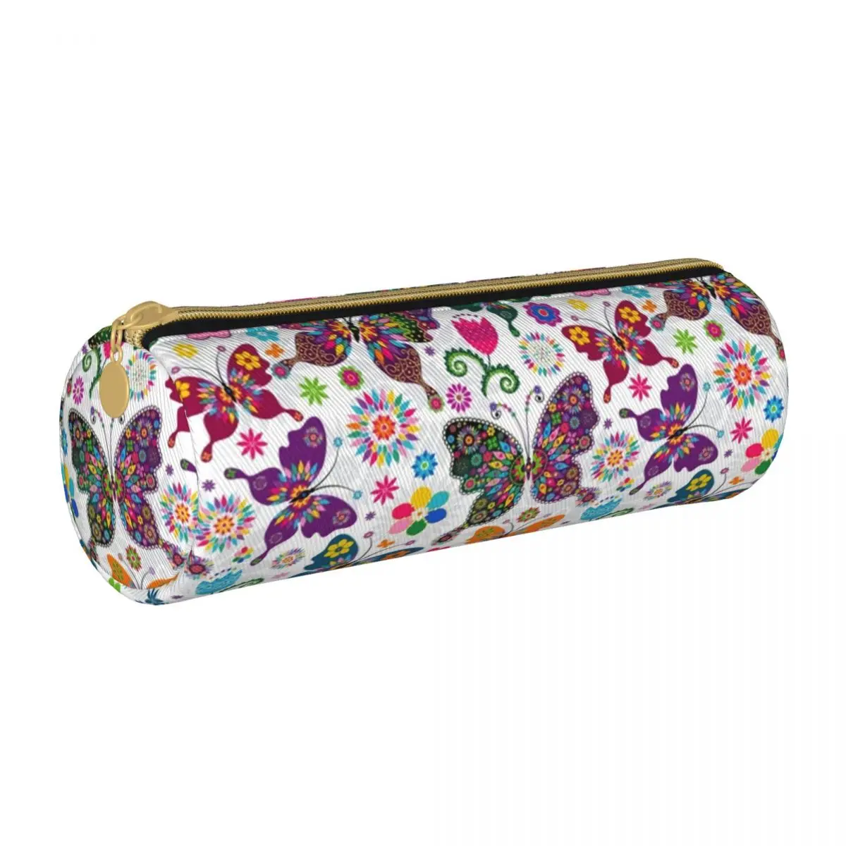 

Boho Butterfly Pattern Round Pencil Case Butterflies Lover Vintage Floral Print Leather Pencil Box Elementary School Pen Bags