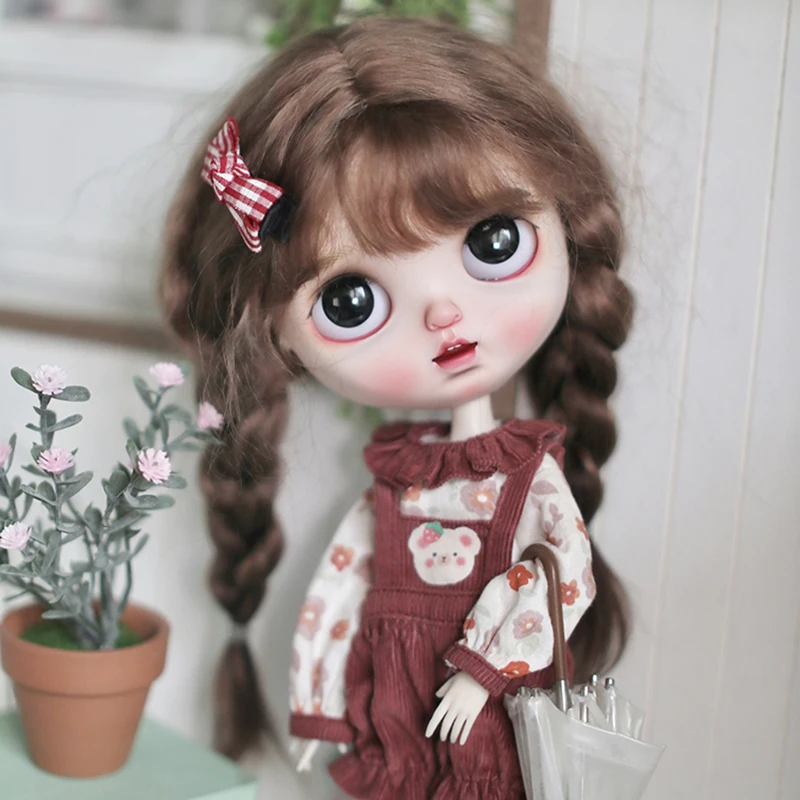 New Handmade Blythe Clothes Bib Two Piece Set Cute Bear Overalls and Print Top Suit for Blyth Licca OB24 Pullip Azone 1/6 Dolls