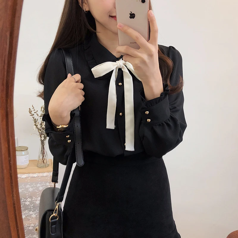 

Chiffon Blouses Shirts New Hot Sales Preppy Style Girls Bow Tie Tops Cute Sweet Korean Temperament Lady Collar Shirt