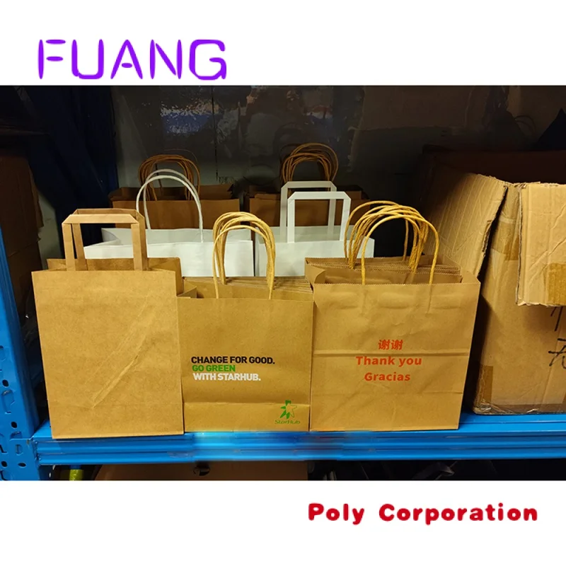 Custom Made Flat Paper Handles Brown Takeout Takeaway Bags Fast Food Kraft Paper Bag For Restaurant Packaging Bag