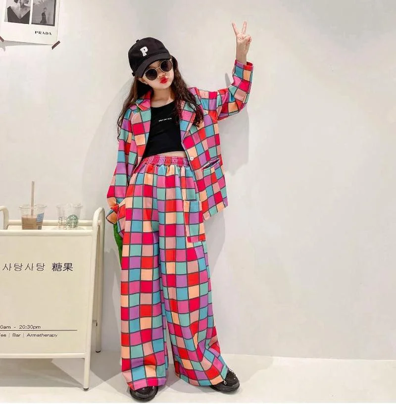 

Girls Blazers Suit Pants Sets Autumn Kids Fashion Plaid Outfits 2022 New Loose Children's Clothing Teen Dancing Costumes 13 14Ys
