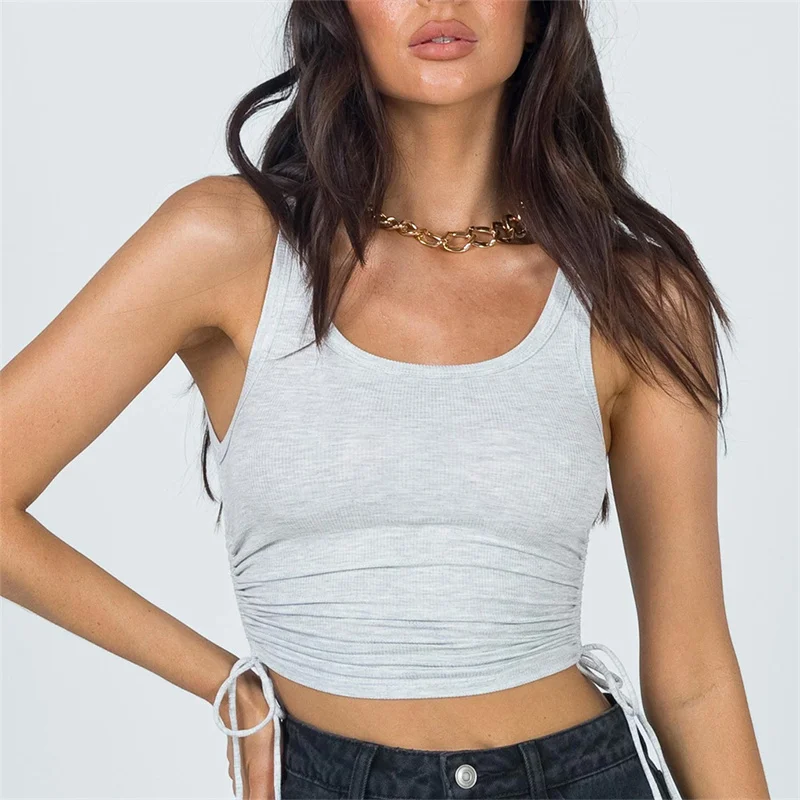 

Crop Top Ladies High Street Tie Up Croptop Summer Fitness Ruched Sleeveless Tank Tops Tees Women Solid Casual Fashion