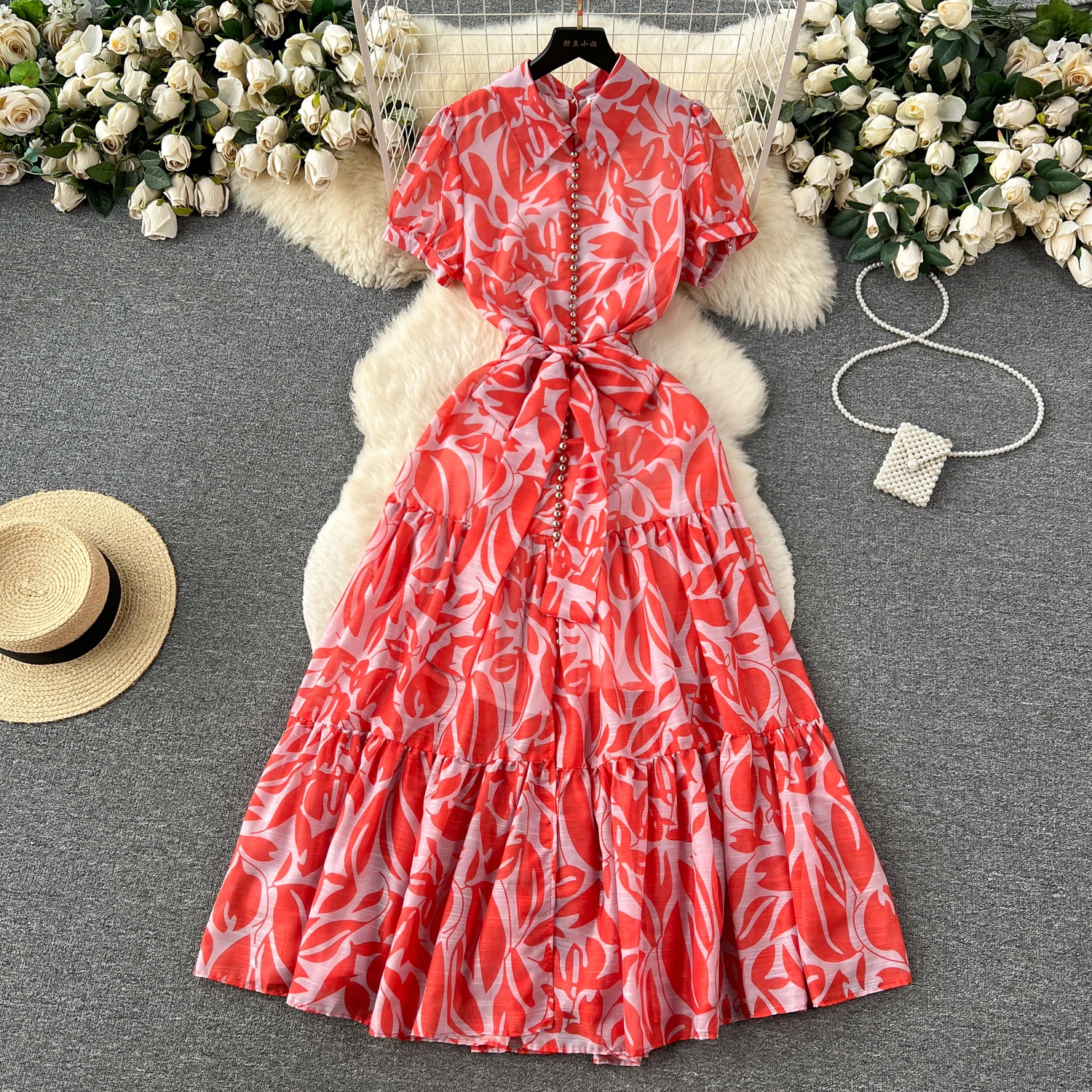 Retro Print Elegant Turn-down Collar Chiffon Dress A-line Short Sleeve Casual High Waist Dress Women Summer