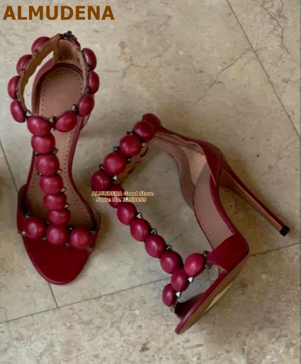 

ALMUDENA Women Wine Red Matte Studded High Heel Sandals T-strap Round Button Metallic Rivets Embellished Dress Shoes Size46