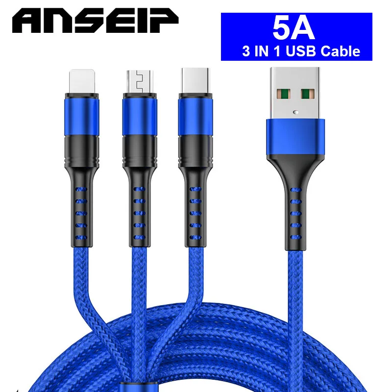 

ANSEIP 5A 3 in 1 USB Cable for iPhone 11 12 13 iPad Type c Fast Charge Cable Micro Charging Cable Wire for Xiaomi Huawei Samsung