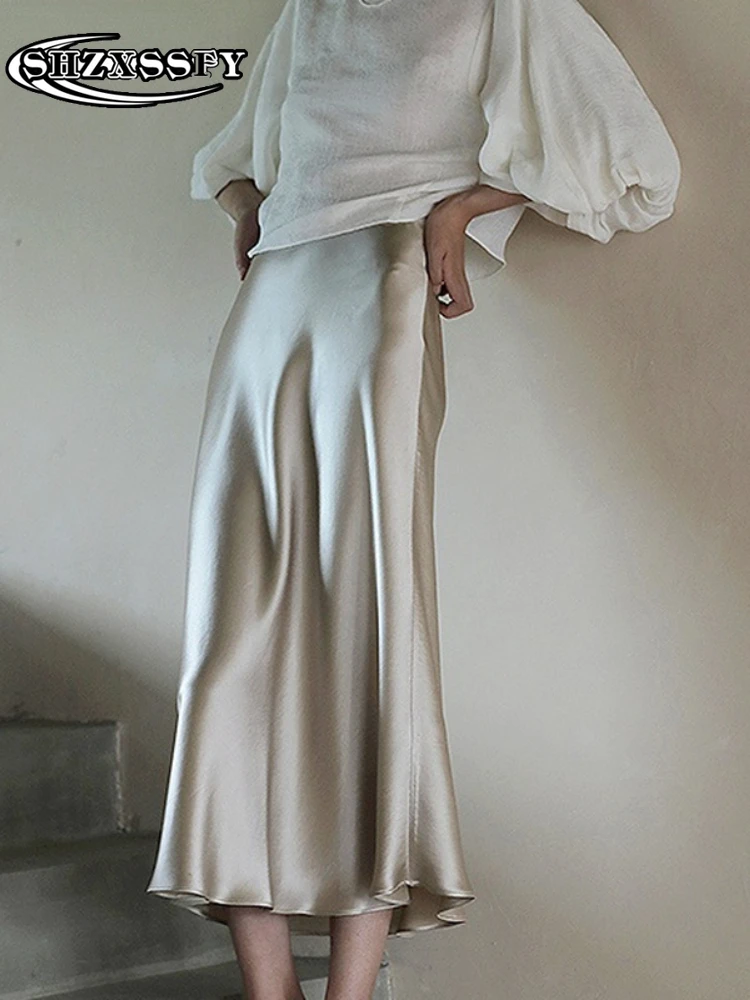 

Women's Summer Skirt Solid Fashion High-waisted Skirt Silk Satin Skirt Oversized Korean Casual Irregular Long Skirt Office Lady