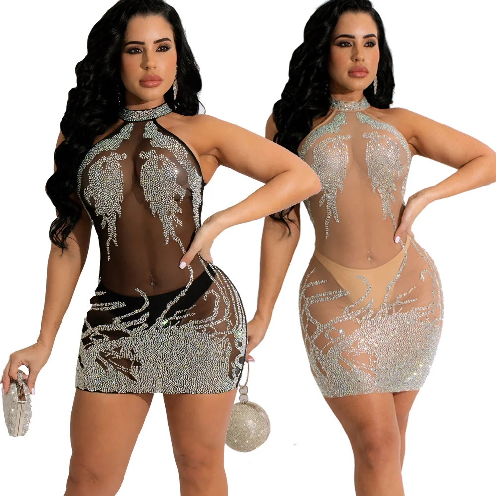 

2022 Summer New Women's Fashion Gauze Perspective Hollow Hip Skirt Sexy Temperament Elegant Rhinestones Sequins Ladies Dress