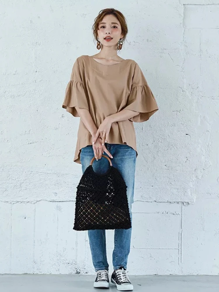 

2022 Autumn New Top Women's Cotton Linen V-neck Lotus Leaf Drop-shoulder Shirt Casual Loose Large Size Solid Color Short Sleeves