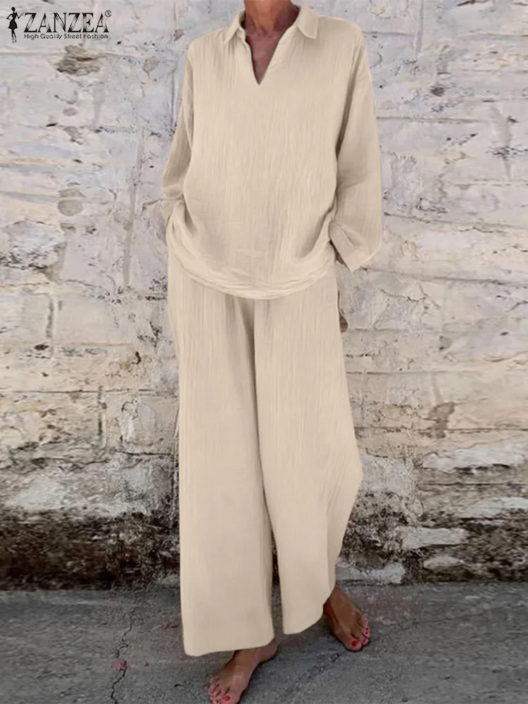 

2023 ZANZEA Autumn Vintage Party Suit Long Sleeve V-Neck Shirt Wide Leg Pants 2pcs Woman Fashion Street Matching Sets Tracksuit