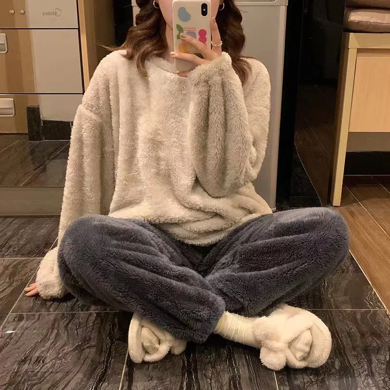 Flannel Winter Thicken Warm Female Pajama Sets 2022 New Winter Thicken Warm Homewear Pyjamas Home Suit