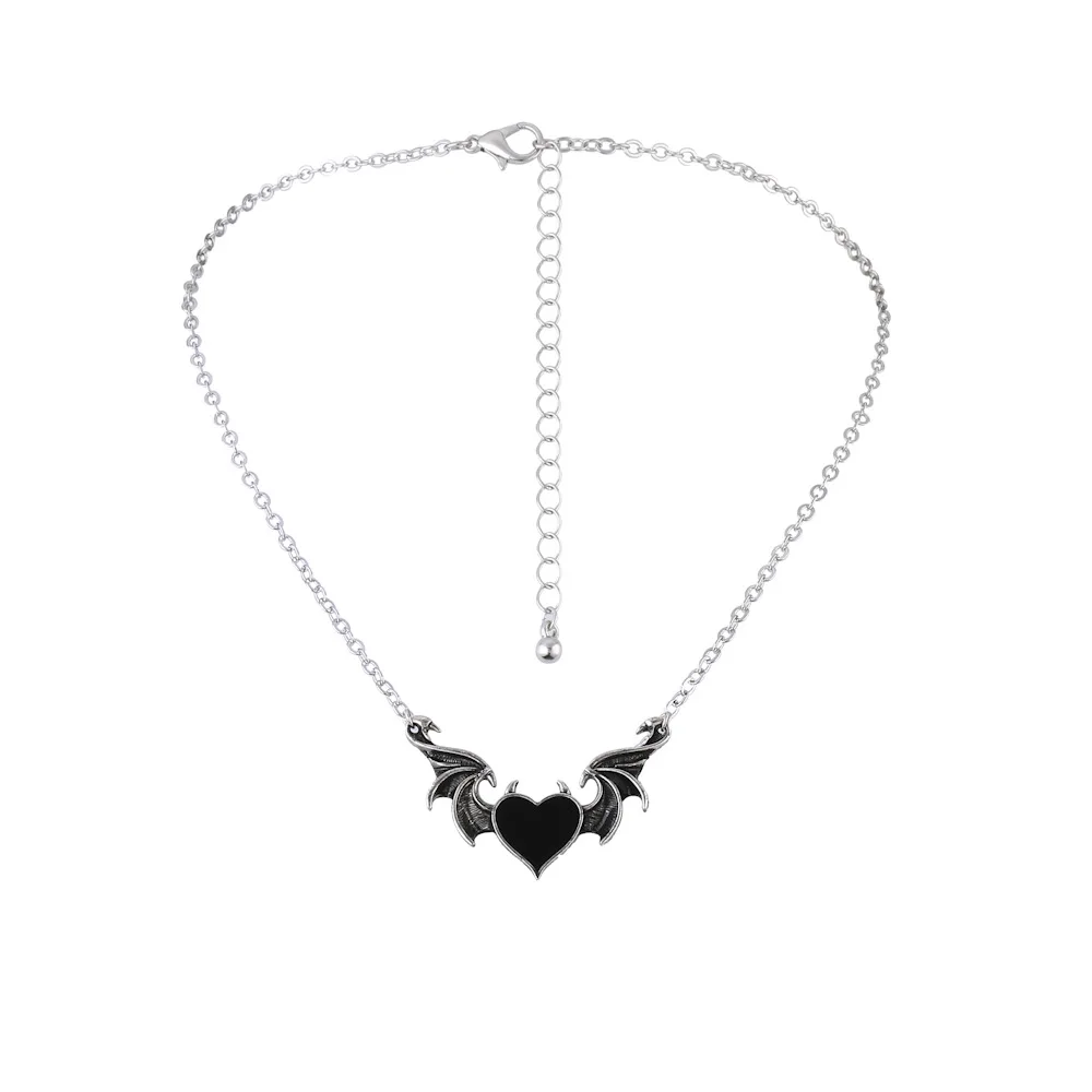 Vintage Angel Devil Wings Black Heart Necklace Fashion Gothic Moonstone Choker Women Men Romantic Aesthetics Jewelry Gifts