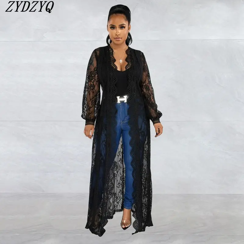 

ZYDZYQ Women Clothes Trench Coat Long Sleeve Lace Loose Summer Fashion Long Cover-ups Lounge Vacation Outfit Wholesale Items
