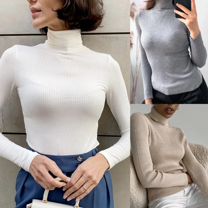 

Women Turtleneck Sweater Winter Fashion Pullover Elastic Rib Knit Ladies Jumper Casual Solid Color Basic Bottoming Top