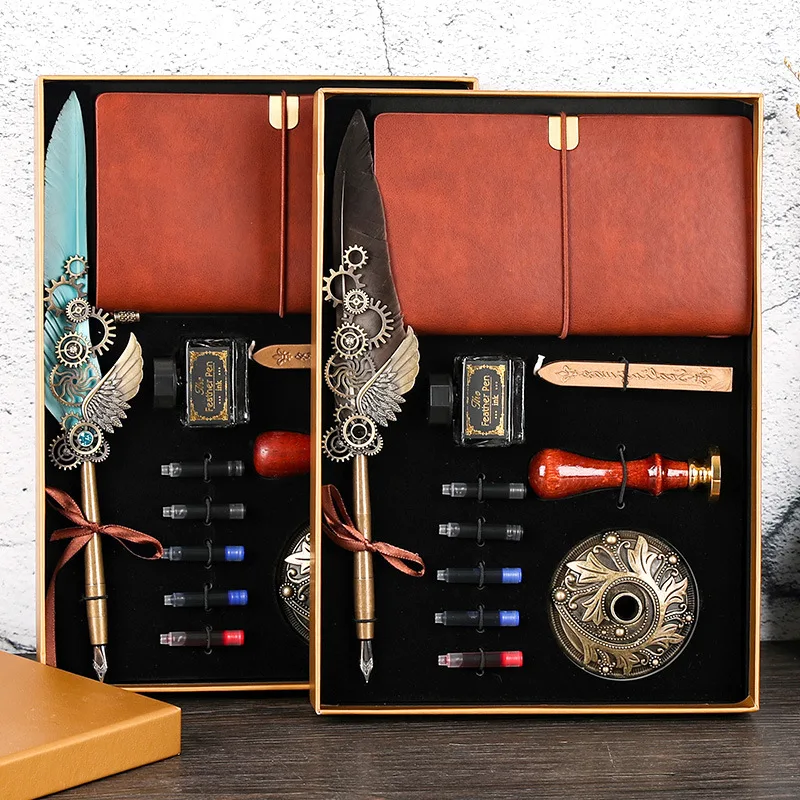 

Feather Pen Retro Calligraphy Pen Set with Ink Bag Ink Extraction Tube HCKG Feather Notebook Fire Paint Seal Stationery Gift Box