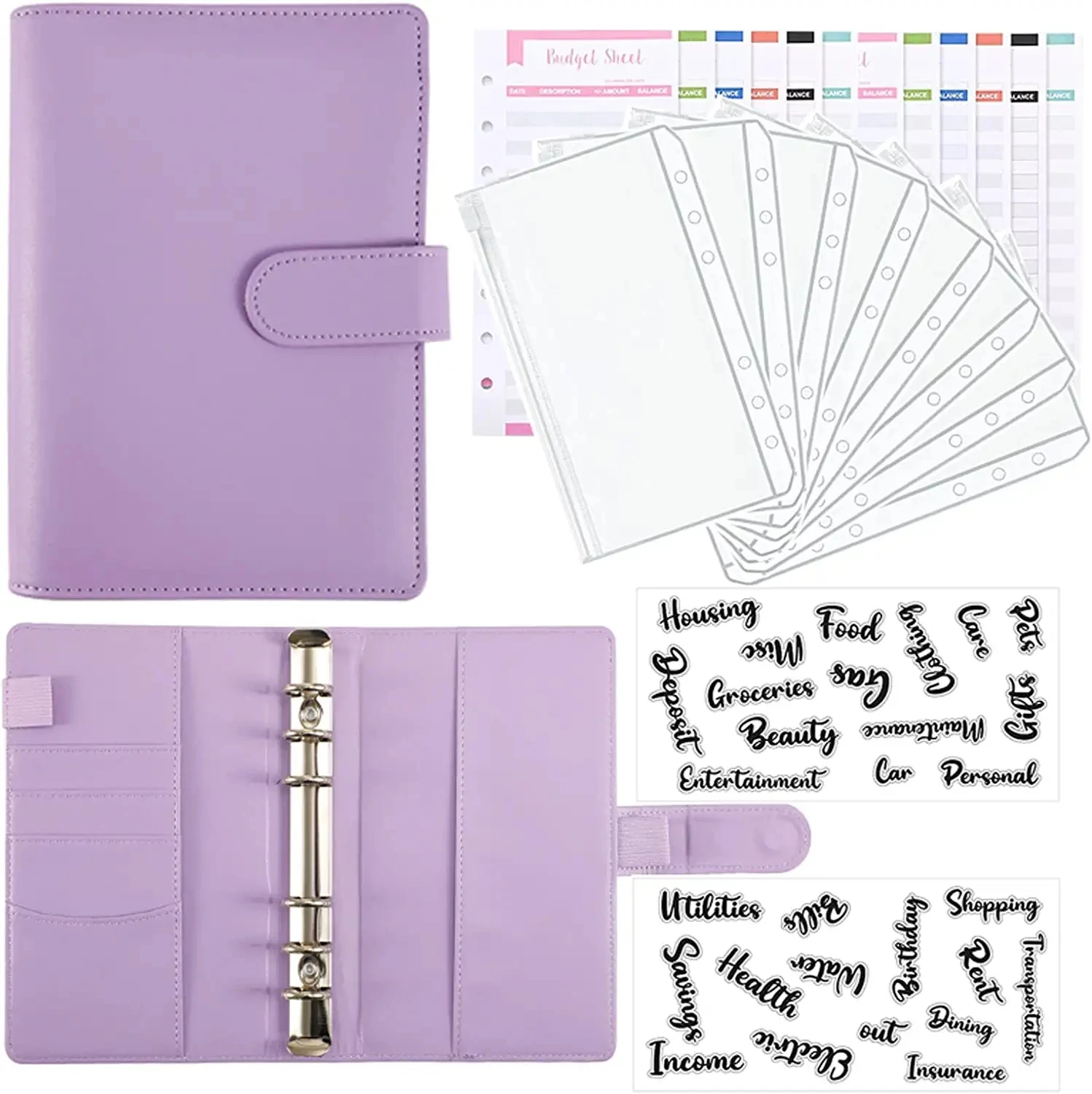 A6 Budget Binder Planner with 6 PCS Cash Envelopes Colorful PU Leather Notebook Covers Folder Binder A6 Binder Pockets