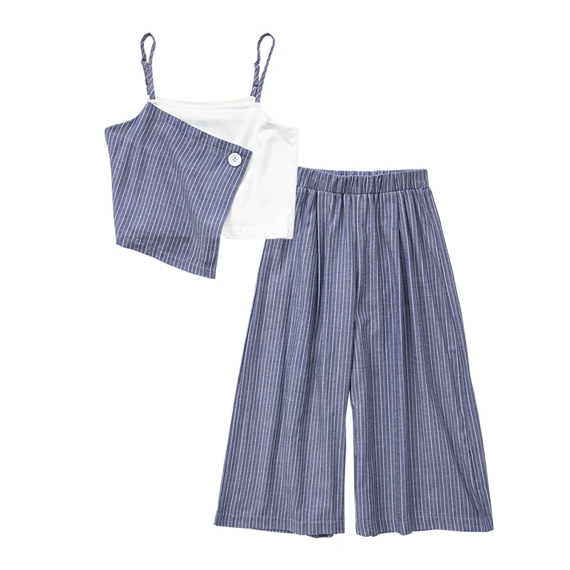 

4 To 14Y Kids and Teen Girls Stripe Shirt and Wide Leg Pants Two Piece Set Summer Children Casual Clothing Set Cotton A288