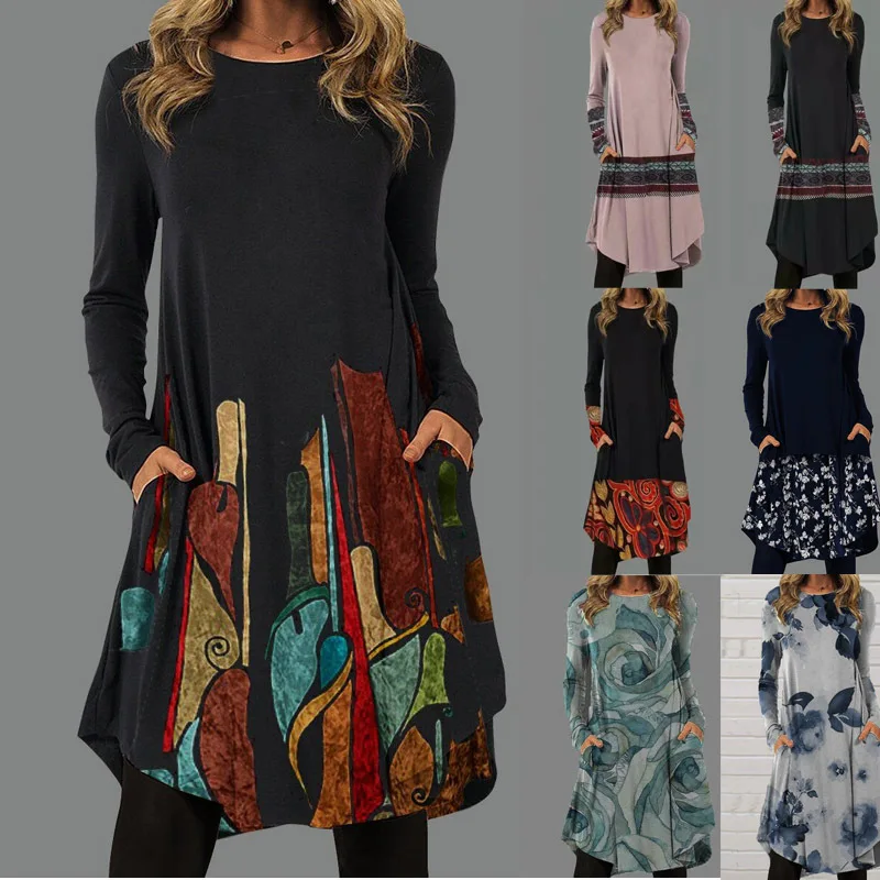 

European American National Costume Loose Woman's Clothing for Spring Autumn Winter Long Sleeves Printed Bottoming Dress