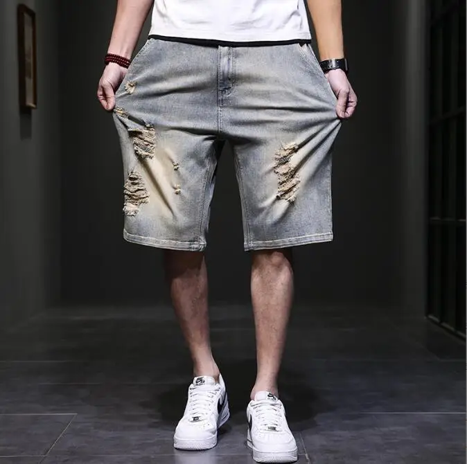 Men's Embroidery Jeans Shorts Slim Fit Appliques Hole High Street Jeans Shorts Men Knee Length Jeans