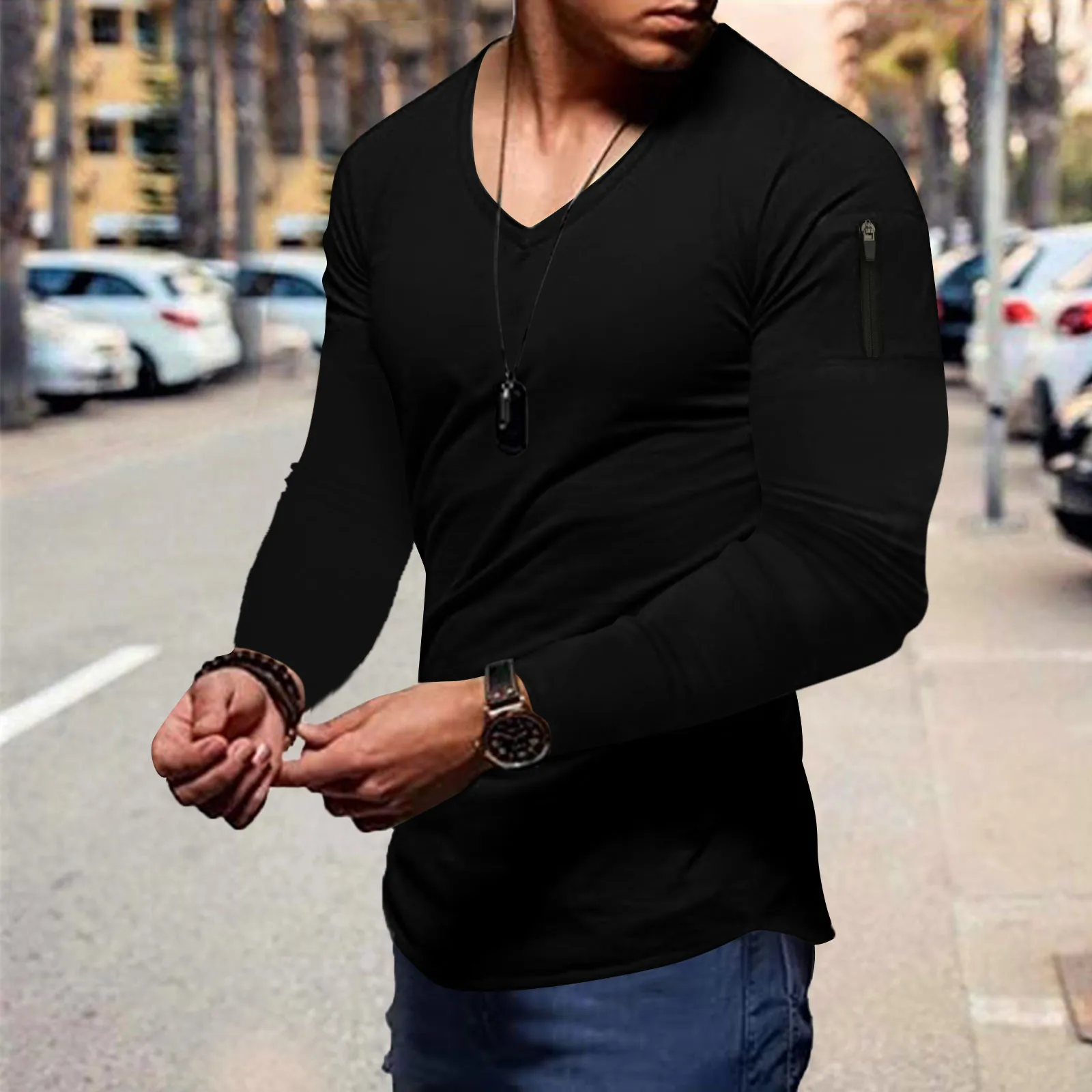 

Plain T Shirts Men Pack Mens Spring And Autumn Fashion Casual Solid Color Zipper Pocket T Shirt Long Sleeve Back Long Sleeve Top