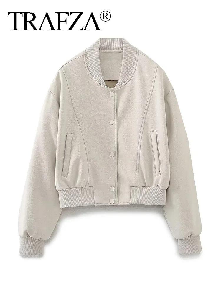 

TRAFZA 2023 Women Faux Suede Snap Button Jacket Bomber Jacket Women Classic Cropped Jacket Woman Long Sleeve Oversize Jackets