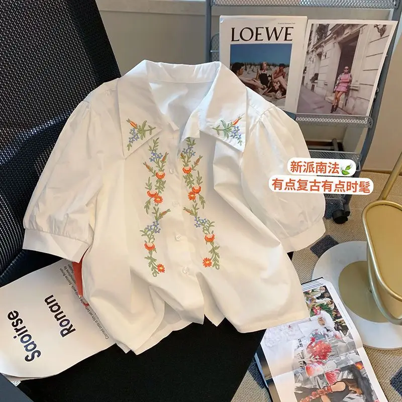 

Short Sleeve Summer Clothes New Kids Shirt Girls Blouse Fashion Ruffle Doll Collar Embroidery Flower Lovely Elegant Clothes K31